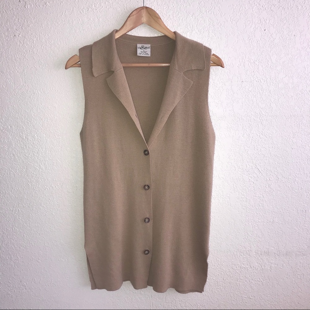 Hillard & Hanson Tan Sleeveless Cardigan Work Top